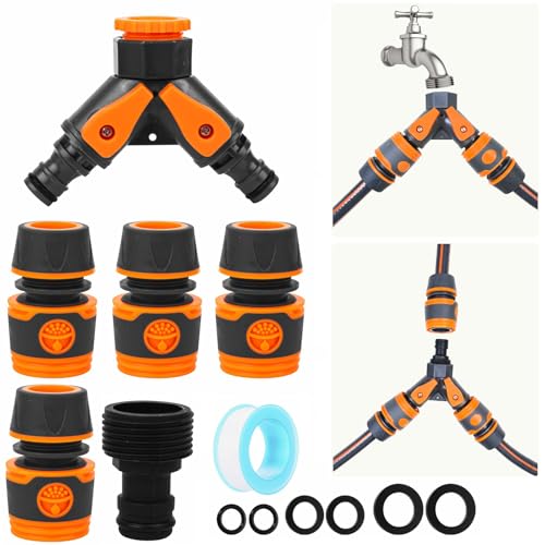 Garden Hose Splitter 2 Way Tap Hose Connectors and Fittings with Valve Outside Garden Tap Splitter 2 Way for G 1/2 and 3/4 inch Tap Adapter Double Hose Tap Connector for Hose Pipe