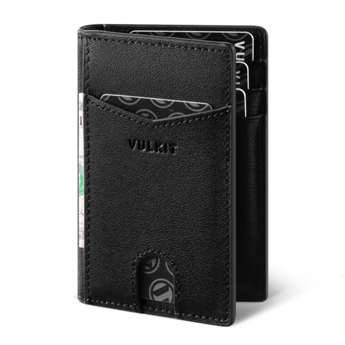 VULKIT Bifold Front Pocket Slim Wallet RFID Blocking Minimalist Thin Genuine Leather Credit Card Holder Wallet for Men and Women Nappa Black