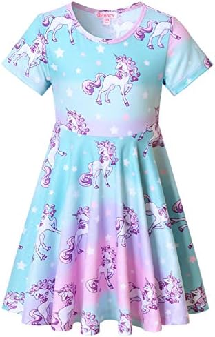 Little Girls Rainbow Unicorn Dresses Short Sleeve Summer Casual Swing Dress Blue,Size 6 7