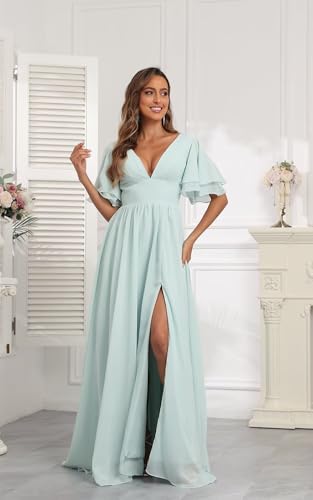 Women's V-Neck Chiffon Bridesmaid Dresses Long with Sleeves A-line Slit Formal Party Dress with Pockets2