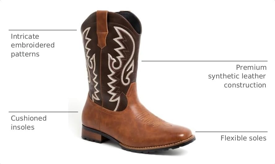Image of Metrocharm Men's Cowboy Western Embroidered Square Toe Boots WESTERN-03