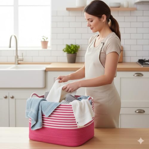 Image of Large Storage Basket, Woven Blanket Basket, Toy Basket with Handle, Laundry Hamper for Living Room, Nursery, Bedroom- 20x15x12 (LXWXH) (pink mix)