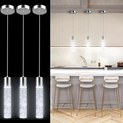 Esfos Pendant Lights Kitchen Island 6500K, LED Island Lights for Kitchen with Modern Crystal Bubble Glass, Pendant Lighting Hanging Light Fixture, Brushed Nickel Pendant Light Fixtures 3 Pack