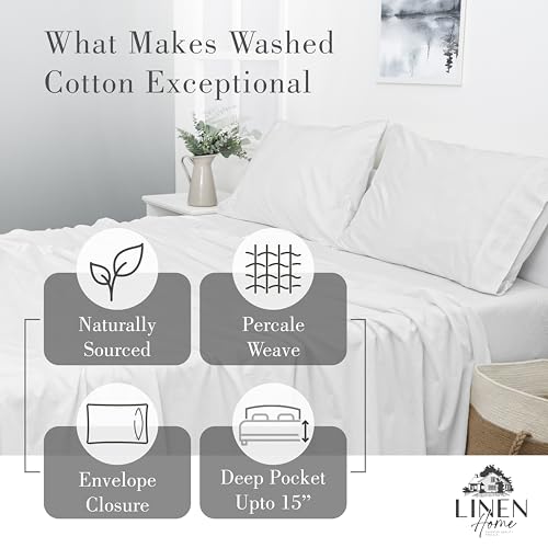 Linen Home Washed Cotton Percale Queen Sheet Set, White, Preshrunk, 4 Pieces Sets - 1 Flat, 1 Deep Pocket Fitted Sheet & 2 Envelope Closure Pillowcases, Soft, Cool and Comfortable Bed Linen - Image 4