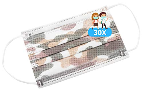 TBOC Mascarilla Higiénica Niños No Reutilizable - [Pack 30 Unidades] 3 Capas [Color Blanco Camuflaje]