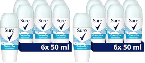Sure Cotton Dry Women's Deodorant with a clean fragrance inspired by fresh cotton sheets Anti-Perspirant Roll On and 48 hour sweat and odour protection 50 ml, Pack of 12