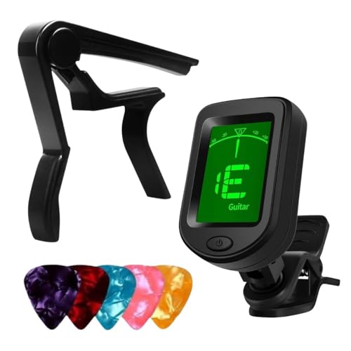 Image of IMAGINEA Guitar Accessories Combo Kit with Digital Clip-On Tuner, Guitar Capo, 5 Picks | Tuner and Capo Set for Acoustic & Electric Guitar for Beginners