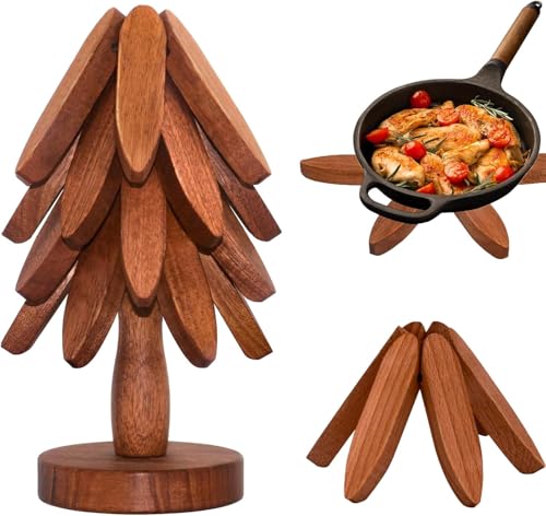 Image of Wooden Trivets for Hot Dishes Tree Shape Trivet Set Coaster for Teapot Hot Pots Coster for Dishes Stand,Stand Foldable Wooden Tree Trivet Stacking 4 Pieces Trivet Table Protection