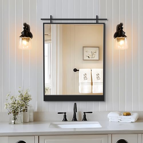 GIFTTROVE Espejo de pared rústico de granja, 28 pulgadas de largo x 20 pulgadas de ancho, espejo de metal negro mate estilo puerta de granero para decoración de entrada de vestíbulo, espejos