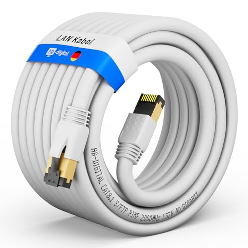 HB-DIGITAL 20m CAT 8 LAN Kabel Netzwerkkabel Patchkabel AWG 24 S/FTP LSZH 40Gbps 2000MHz - GHMT Zertifiziert - reines Kupfer mit vergoldete RJ45 Stecker für Switch, Router, Modem, PC - Weiss