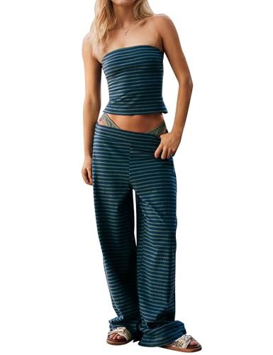 Image of Burtell Summer Striped 2 Piece Lounge Sets For Women Casual Strapless Crop Tube Tops Wide Leg Pants Sets Matching Pajama Sets