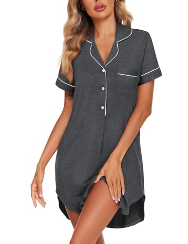 Image of Ekouaer Women's Nightgown Button Down Nightshirt V Neck Sleepshirt Short Sleeve Sleepwear Soft Pajama Dress