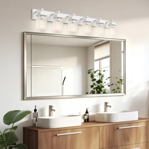 Image of White Bathroom Light Fixtures, 6 Lights Bathroom Lighting Fixtures Over Mirror, Square Design & Rectangle Large Backplate, Modern Vanity Lighting Fixtures, for Bathroom /Living Room /Bedroom