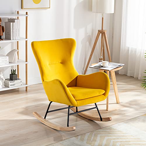 Image of KINFFICT Small Rocking Accent Chair, Uplostered Glider Rocker Armchair for Baby Nursery, Comfy Side Chair for Living Room, Bedroom (Yellow+Velvet)