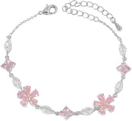 Pink Crystal Cherry Blossom Flower Chain Link Bracelet For Women Gold Silver Plated Fashion Cute Delicate CZ Petal Floral Sakura Bangle Bracelets Adjustable Sweet Dainty Fine Jewelry Gifts For Her