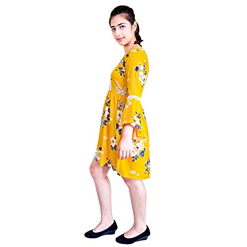 Image of Floral Summer Print Trumpet Sleeve A line High Waist Dress with Lace