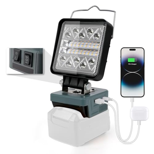 Battery Lamp for Einhell 18 V, Cordless Work Light with USB & Type-C Connection, 7-16.5 W 140° Rotating LED Spotlight, 6 Modes Brightness, Construction Site Lamp (700-1500 lm, 33 m Light Range,