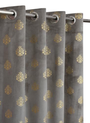 Image of KALIYO Grey Velvet Room Darkening Curtain with Gold Foil Floral Print | Eyelet Window Curtain | Soft Luxury Fabric | 9 Ft | Pack of 1
