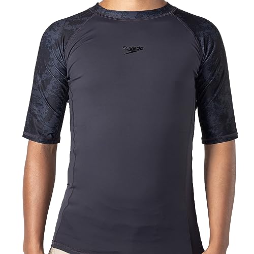 Speedo Basic Skins UPF 50+ Rash Guard de Manga Corta para Hombre, Camisas de natación de Secado rápido, Camisa de Surf de Agua Ajustada, Rashguard Masculino de Rendimiento, Gris óxido/Negro (L)