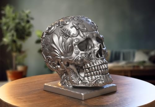 Image of Skull Headphone Stand Collection - 3D Printed Dragon, Cyborg & Scream Skull Headset Holders, Gothic & Fantasy Desk Accessories for Gaming and Office Setups, Durable PLA Display Stands (Grey, Cyborg Skull Headphone Stand)