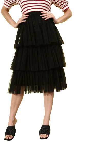 Image of Style Quotient Women Black Tulle Net Layered Solid A-Line Skirt