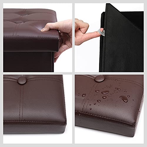 Amassmile® Storage Ottoman Folding Foot Rest Stool, 17 Inch Leather Footstool Bench, Short Ottoman Stool, Storage Foot Rest Store, Books, Records Support 330 Lbs, Brown #TOP4