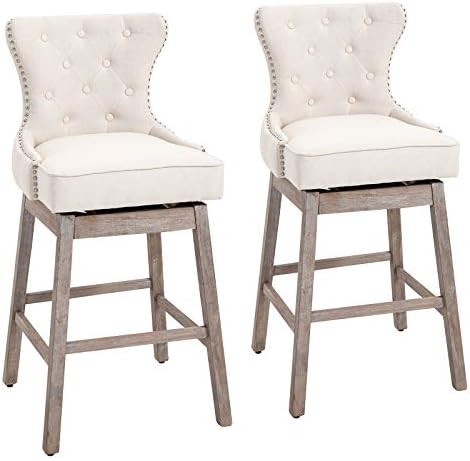 HOMCOM Upholstered Fabric Bar Height Bar Stools, 180° Swivel Nailhead-Trim Pub Chairs, 30" Seat Height with Rubber Wood Legs, Set of 2, Cream