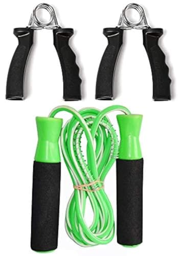 VICTORY Combo of Skipping Rope and 2 Hand Grip for Men and Women and Jumping Rope for Exercise Workout & Gym Training Sports Fitness Adjustable Height with Hand Plastic Grip-Green