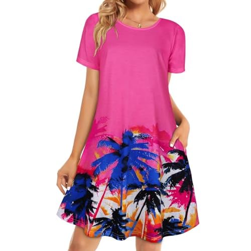 Womens Summer Dresses Beach Casual Loose Tshirt Floral Short Sleeve Flowy Pockets Sundresses 2026