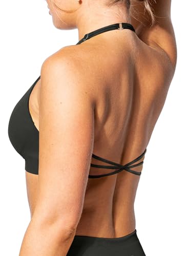 TZLDN Sport BH Damen Rückenfrei Gym Top Neckholder Sport Bra Gepolstert Sportkleidung Sportunterwäsche Outfits Yoga Fitness Schwarz S