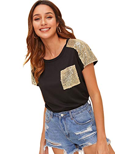 SweatyRocks Women's Casual Contrast Sequins Summer T Shirts Short Sleeve Solid Plain Tee Tops3