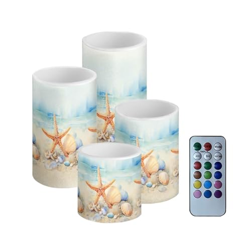 Image of Flameless Candles Battery Powered LED Candles with Remote Timer Color Changing Control Long Lasting for Indoor Outdoor Home Coastal Decoration Pack of 4, Starfish Seashell Painting