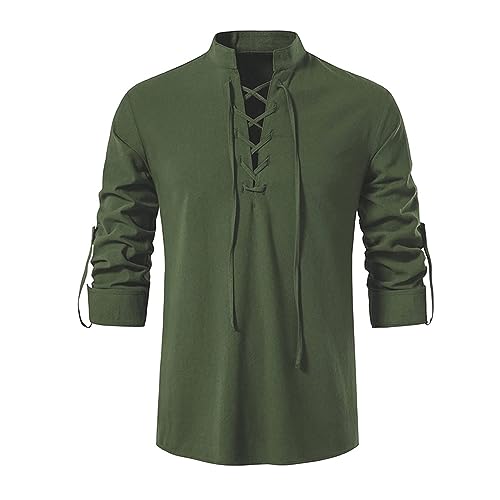 Men's Linen Cotton Retro Lace Up Shirt Long Sleeve V Neck Medieval Top Casual Pullover Henley Shirt