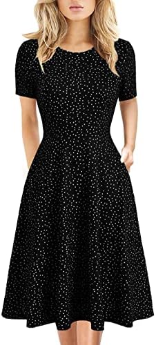 Women's Elegant Vintage Cotton Casual Floral Print Work Party A-Line Swing Dress with Pockets 162 (XXL, Black Dot)