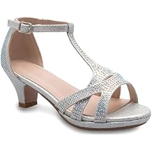 Olivia K Girls Glitter Leatherette Open Toe Strappy Ankle T Strap Kitten Heel Sandal Toddler/Little Girl