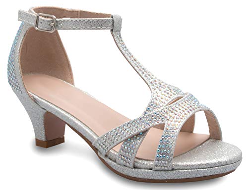 Image of Olivia K Girl's Glitter Leatherette Open Toe Strappy Ankle T Strap Kitten Heel Sandal (Toddler /Little Girl)