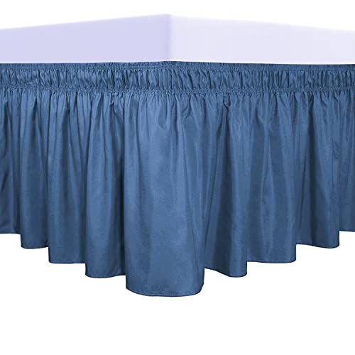 Purefit Wrap Around Ruffled Bed Skirt With Adjustable Elastic Belt - 14 Inch Drop Easy To Put On, Wrinkle Free Bedskirt Dust Ruffles, Bed Frame Cover For Queen, King And C-King Size Beds, Navy #TOP5