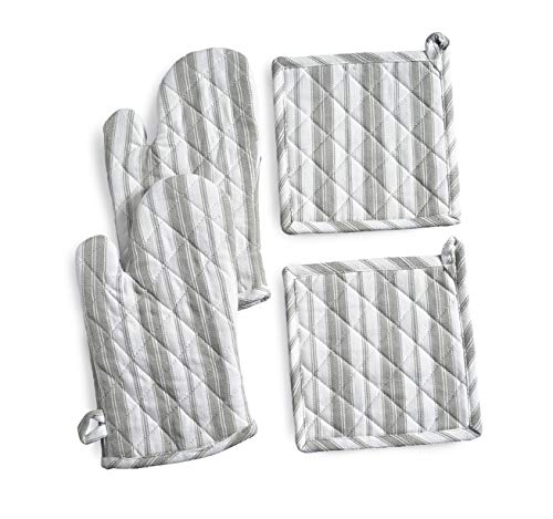 Striped 100% Cotton 2 Oven Mitts (18x32cms) and 2 PotholderÂ Sets (20x20cms). Heat Resistant with Terry Lining for Mitts. Size 18x32 cms and 20x20 cms.Color - Light Grey