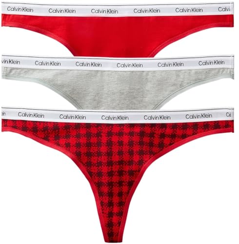Calvin Klein Women's 3 Pack Thongs Underwear, Multicolor (Blotched Plaid+Adrenaline Rush/Blac), L
