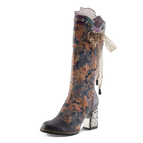 L`Artiste Rorria Women's Leather Combo Boot with Velvet Lining, Synthetic Leather Insole, Suede Shaft, Cheetah Print Decorative Lace, and Chunky 3 1/2" Block Heel PURPLE MULTI EU 39 / US 8.5