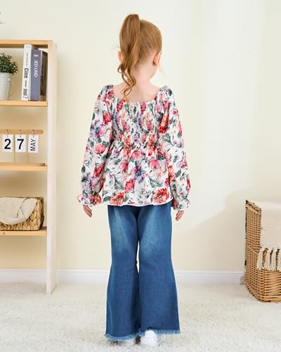 18 Months Girl Clothes Baby Toddler 24 Month Girls Clothes Puff Sleeve Red Floral Smocked Square Neck Top Flared Denim Pants Bell Bottom Clothing Winter Fall Jeans Outfit