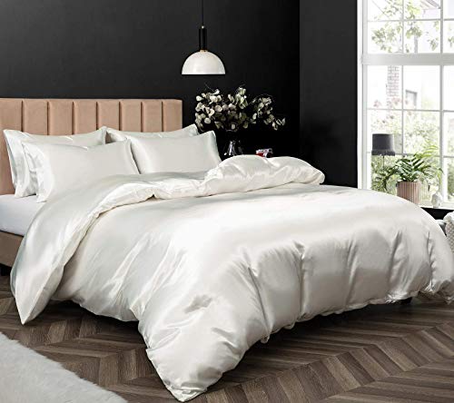 P Pothuiny 5 Pieces Satin Duvet Cover King Size Set, Luxury Silky Like Ivory White Duvet Cover Bedding Set With Zipper Closure, 1 Duvet Cover + 4 Pillow Cases (No Comforter) #TOP2