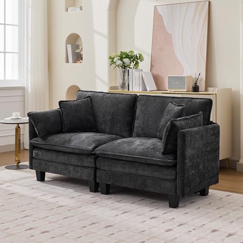 Modular Sectional Sofa, 75" Loveseat Modern Couches for Living Room, Comfy Cloud Couch with Deep Seat for Office and Apartment, with Charger, USB & Type-c Port, Black Chenille Fabric