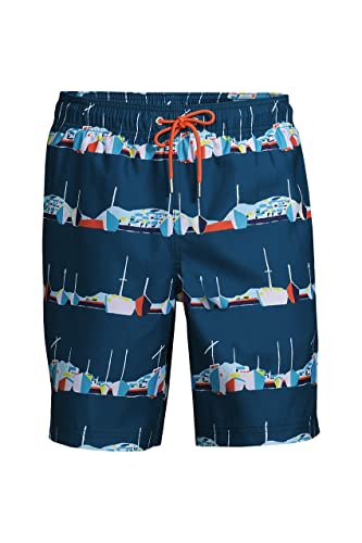 Lands' End Mens 8 Inch Volley Swim Trunk Baltic Teal Docked Boats Regular X-Large #TOP4