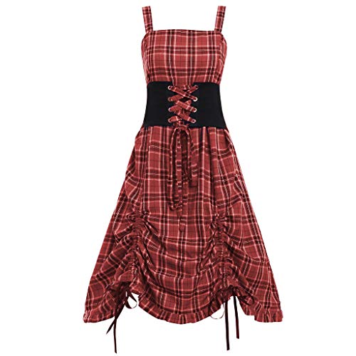 Lazzboy Women Sexy Plaid Print Waist Seal Irregular Lace Up Tank Dress Damen Karokleid ärmellos Vintage Midi Kariertes Kleid A-Linie Mit Gürtel...
