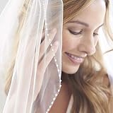 Aukmla Beaded Edge Wedding Veil Fingertip Crystal and Pearl Edge Veil Bridal Veil with Metal Comb Ha