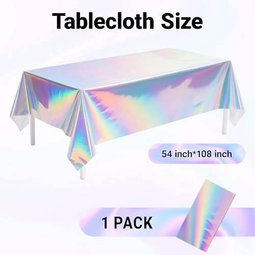 Image of 1 Pack Iridescent Tablecloth, 54 inch x 108 inch Birthday Party Table Cloths Iridescence Plastic Disposable Table Covers Iridescent Party Decorations, Birthday Decor Tablecloth for Buffet Table