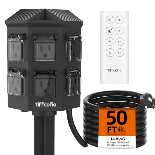 TiFFCOFiO Outdoor Power Strip with 50 FT Extension Cord, 100FT Remote Control, Dusk to Dawn Light...
