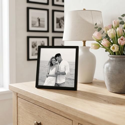 Image of Americanflat 9x9 Picture Frame with Shatter-Resistant Glass - Streamline Collection - Thin Border Square Frame for Tabletop and Wall Display - Hanging Hardware and Easel Stand Included - Black