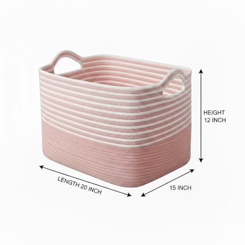 Image of Large Storage Basket, Woven Blanket Basket, Toy Basket with Handle, Laundry Hamper for Living Room, Nursery, Bedroom- 20x15x12 (LXWXH) (baby pink mix)
